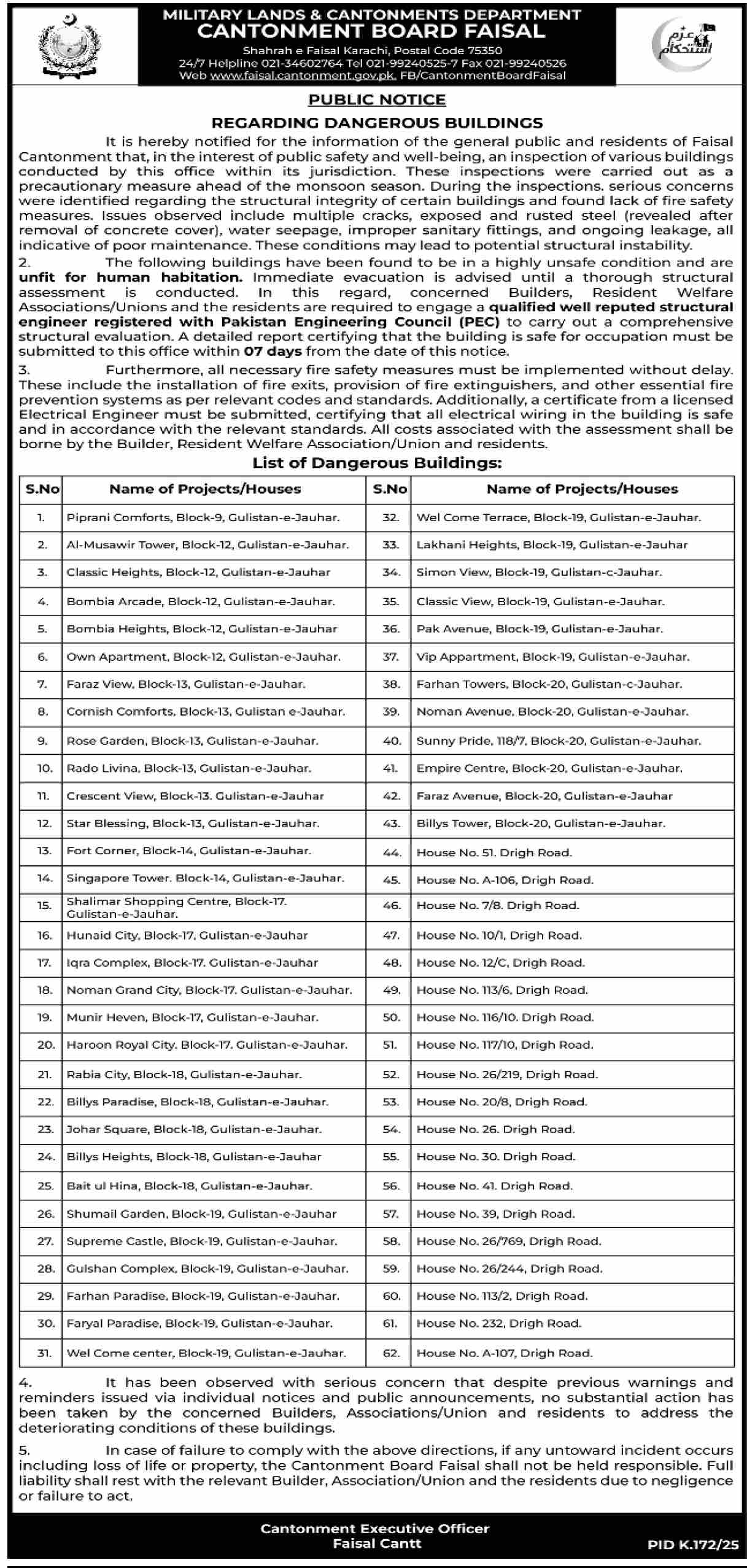 Military Land & Cantonment Department Faisal Cantt Tender Notice